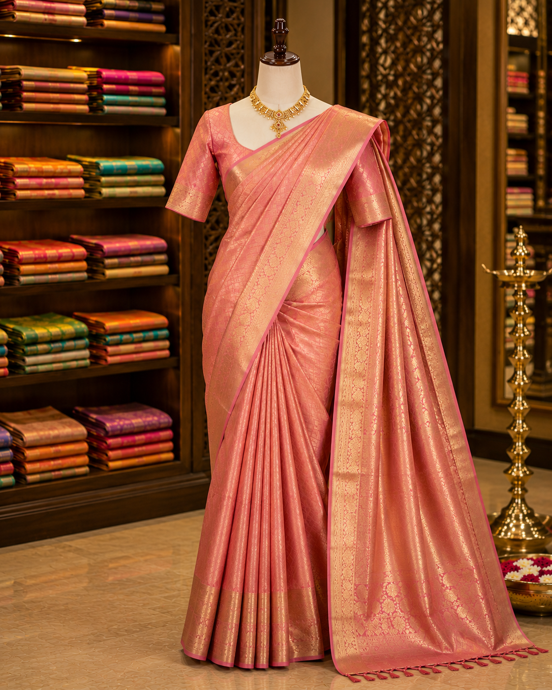 Soft silk saree draped on a display mannequin