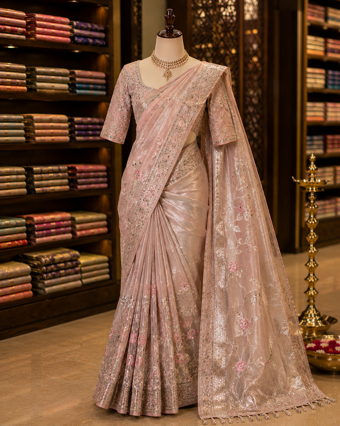 Designer saree draped on a display mannequin