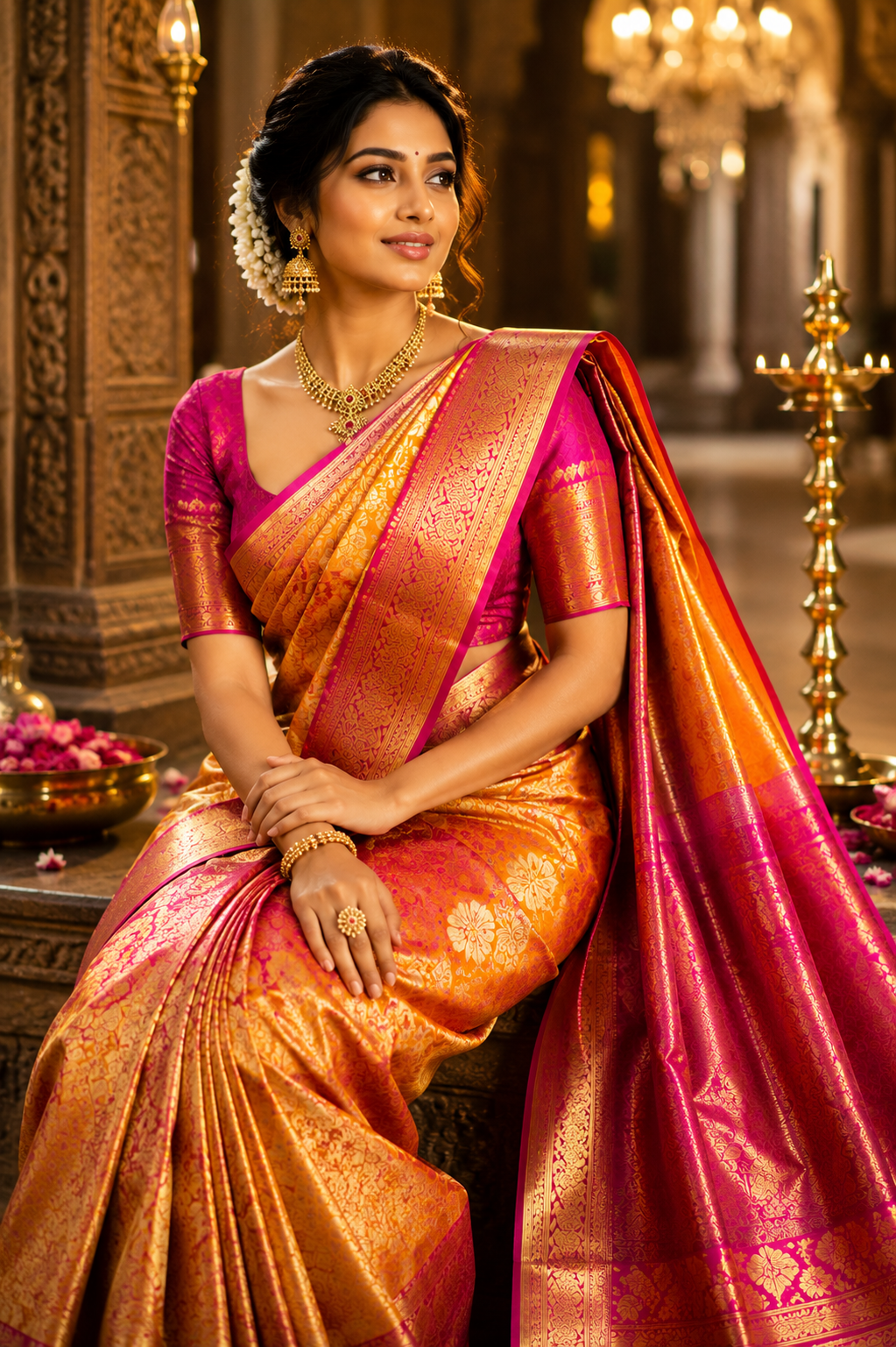 Model draped in an orange checked silk saree with zari border